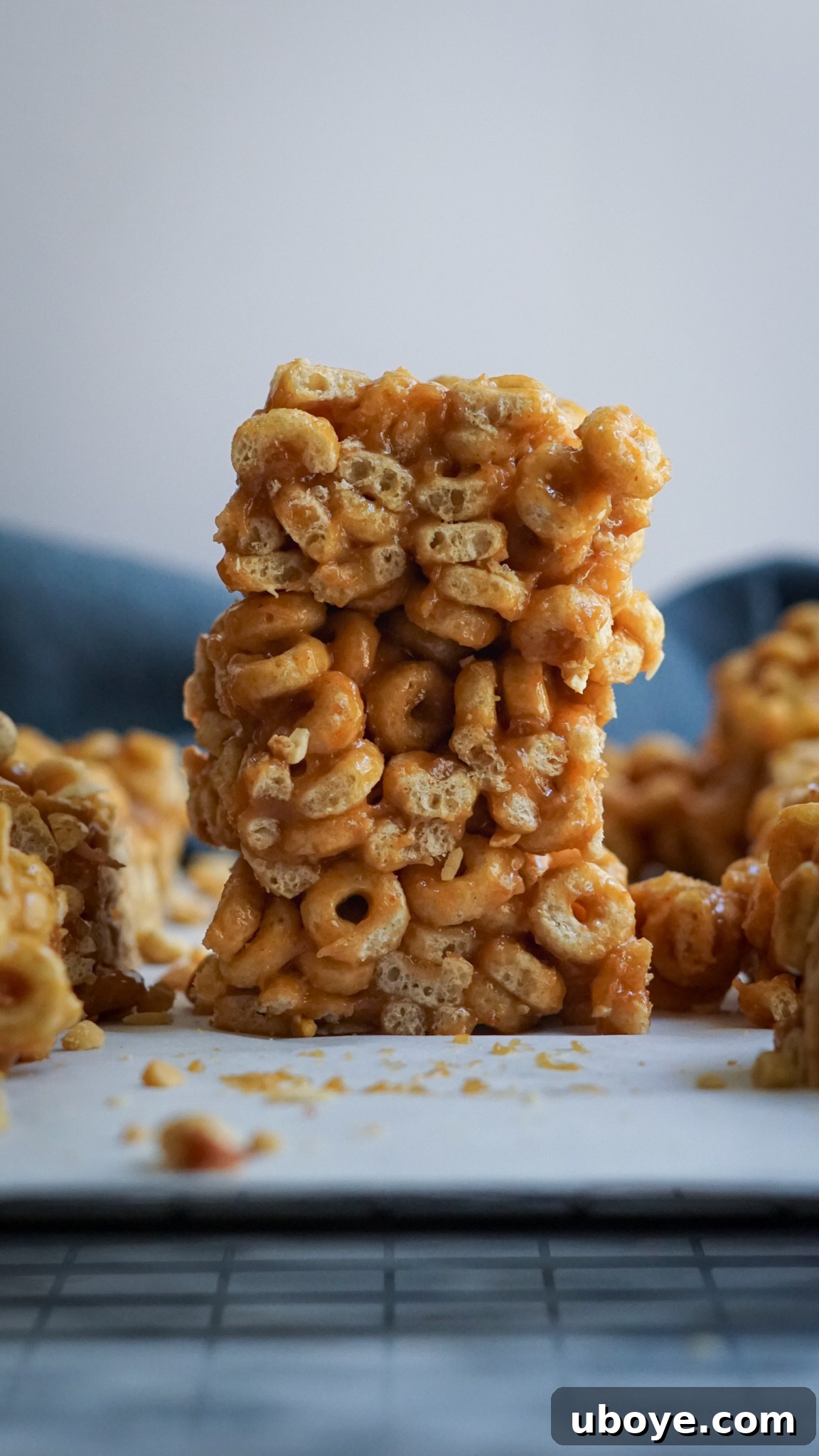 Bee-Free Honey Nut Cereal Bars 2 Crispy vegan honey nut cereal bars arranged beautifully on parchment paper, ready to be enjoyed.