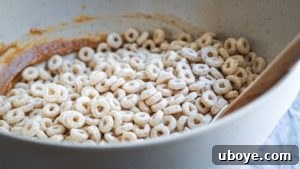 Bee-Free Honey Nut Cereal Bars 12 Cereal being mixed with the sticky binder in a large bowl.