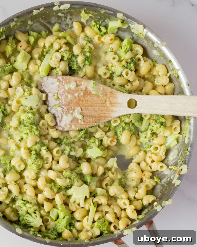 Effortless One-Pot Broccoli Pasta 6 Ingredients for broccoli pasta laid out, including broccoli, pasta, and fresh garlic