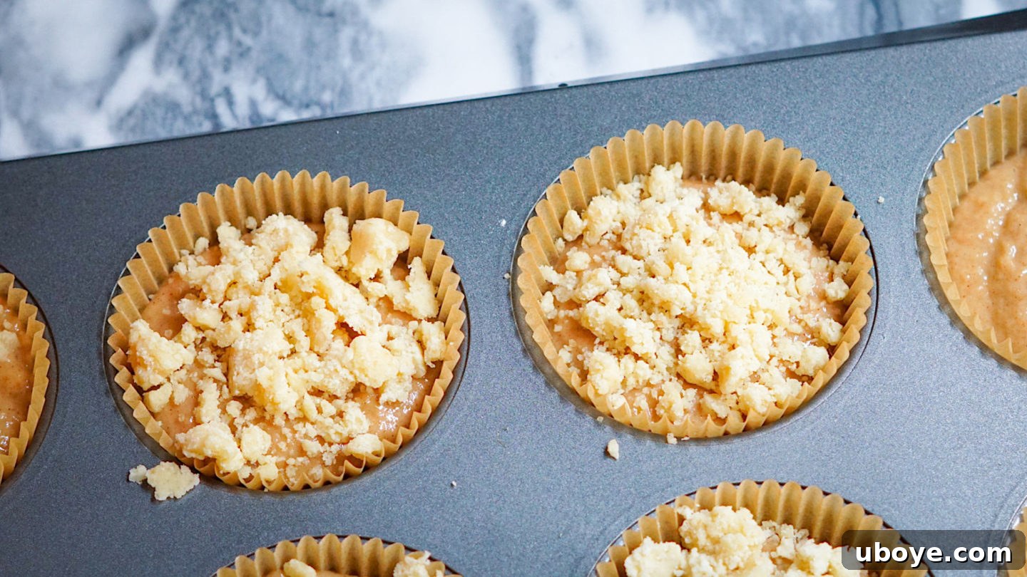 Muffin batter evenly distributed into a muffin tin, generously topped with streusel and perfectly ready for baking.