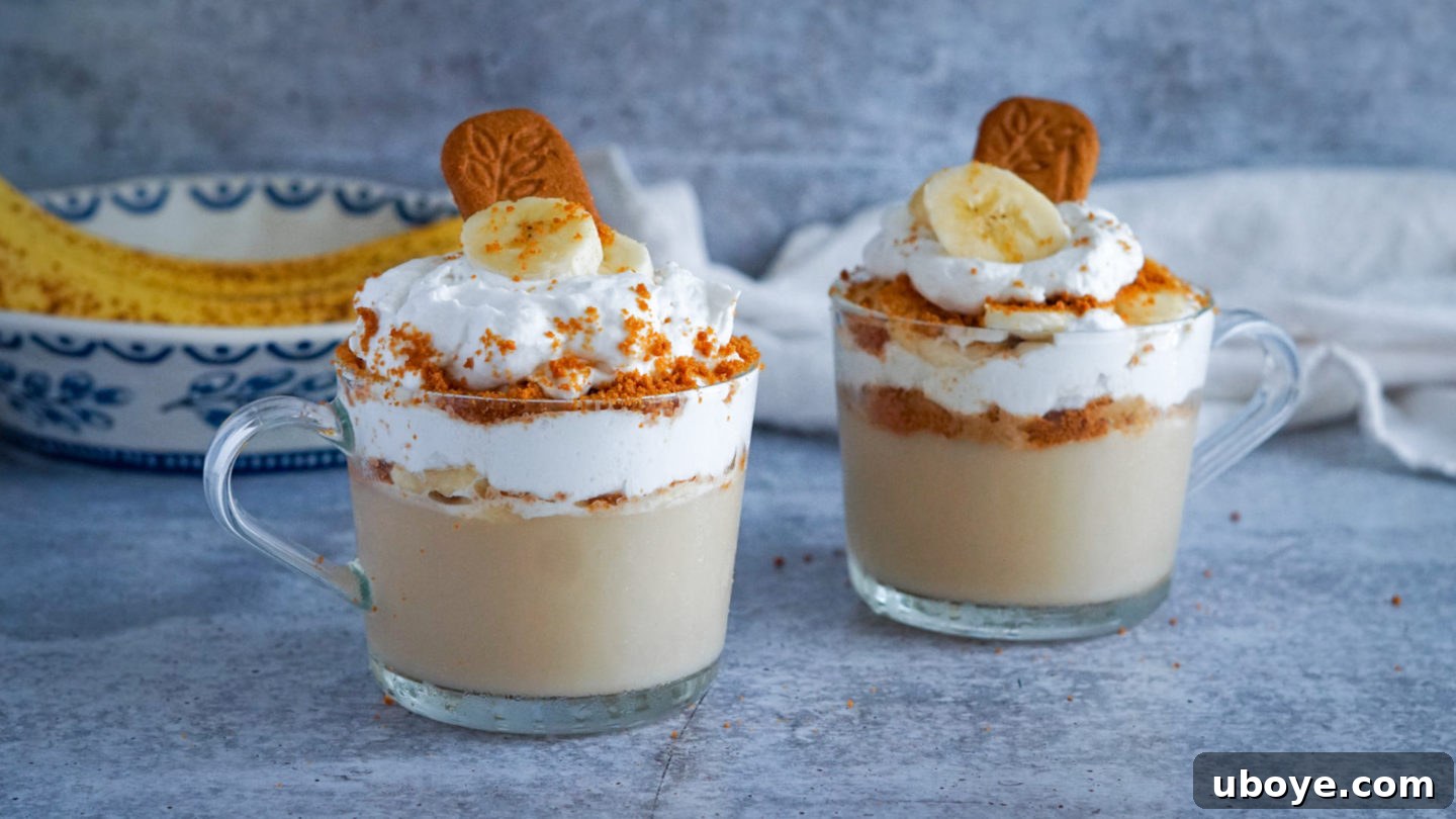 Two clear glass cups filled with vegan vanilla pudding, topped with cookie crumbs, banana slices, and vegan whipped cream.