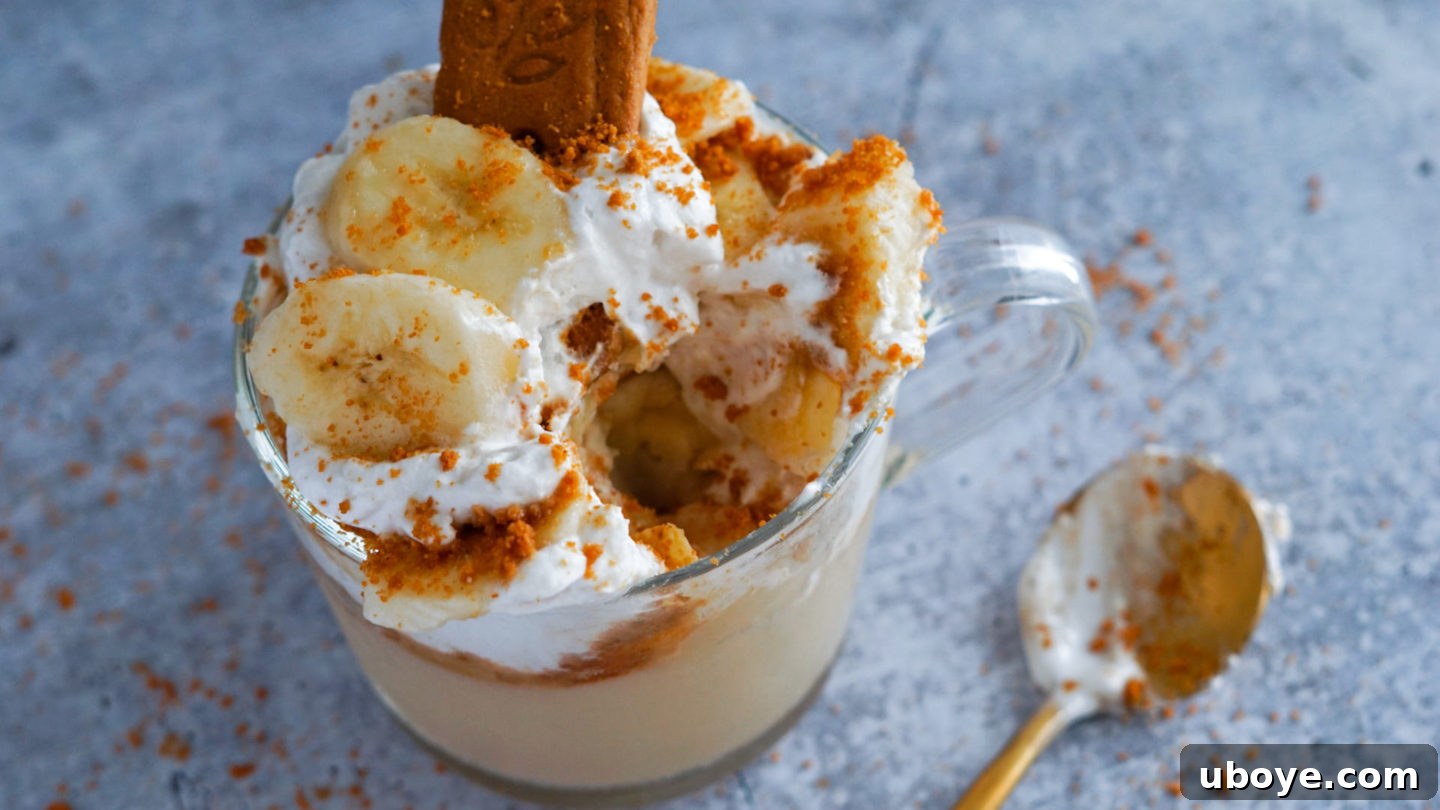 A glass cup of vegan vanilla pudding, showing the distinct layers of pudding, banana slices, and cookie crumbs.
