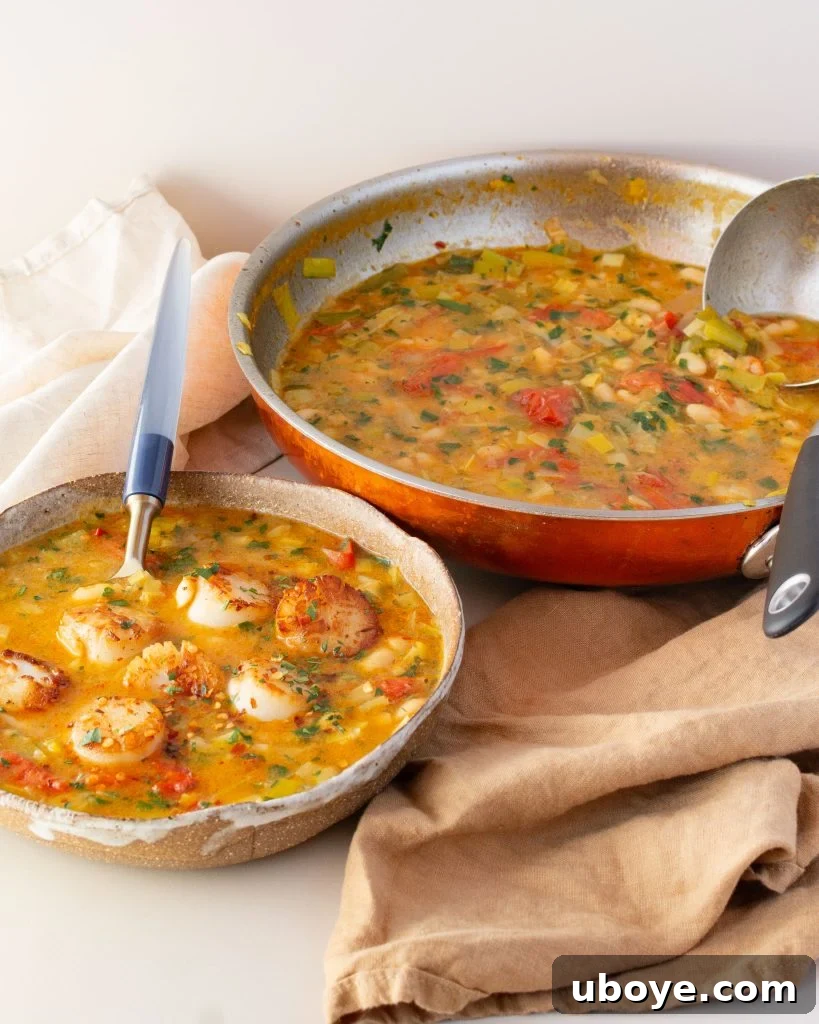 Close-up of Lemony Brothy Beans with Scallops in a serving bowl