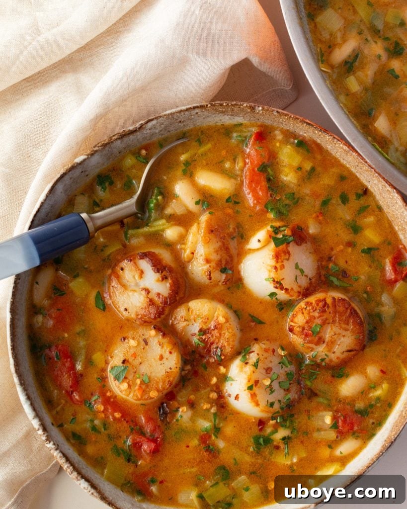 Close-up of a bowl of Lemony Brothy Beans with Scallops and crusty bread