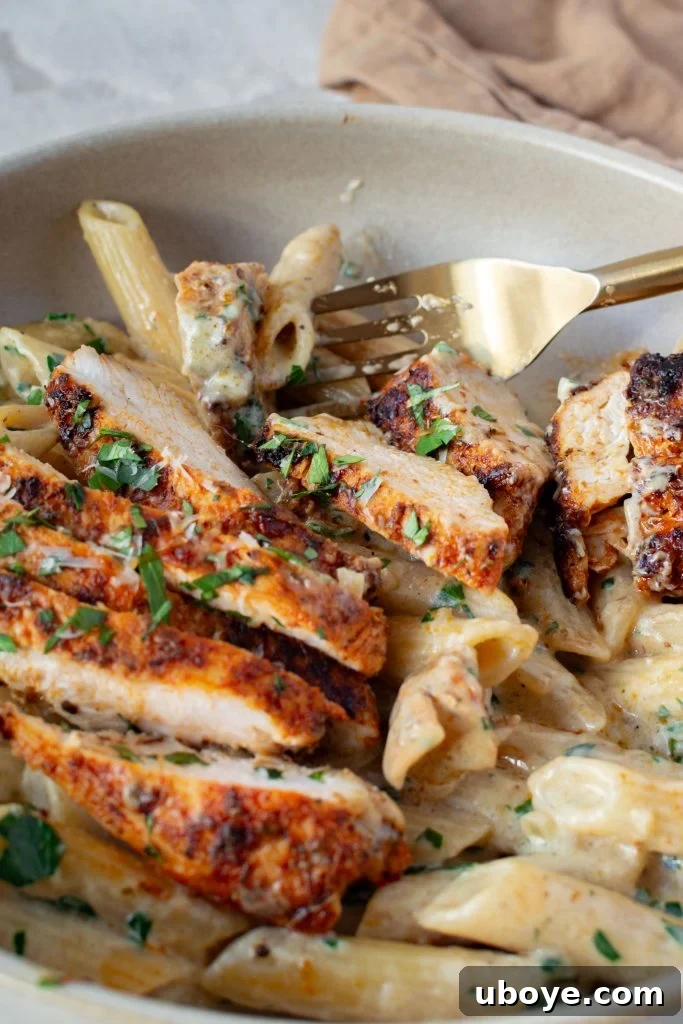 Single Skillet Creamy Chicken Alfredo 7 Al dente penne pasta coated in rich, creamy alfredo sauce