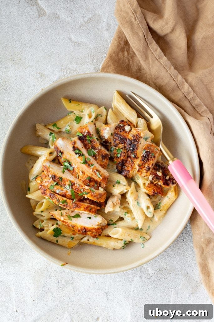 Single Skillet Creamy Chicken Alfredo 8 Close-up of tender chicken pieces mixed with pasta and creamy sauce
