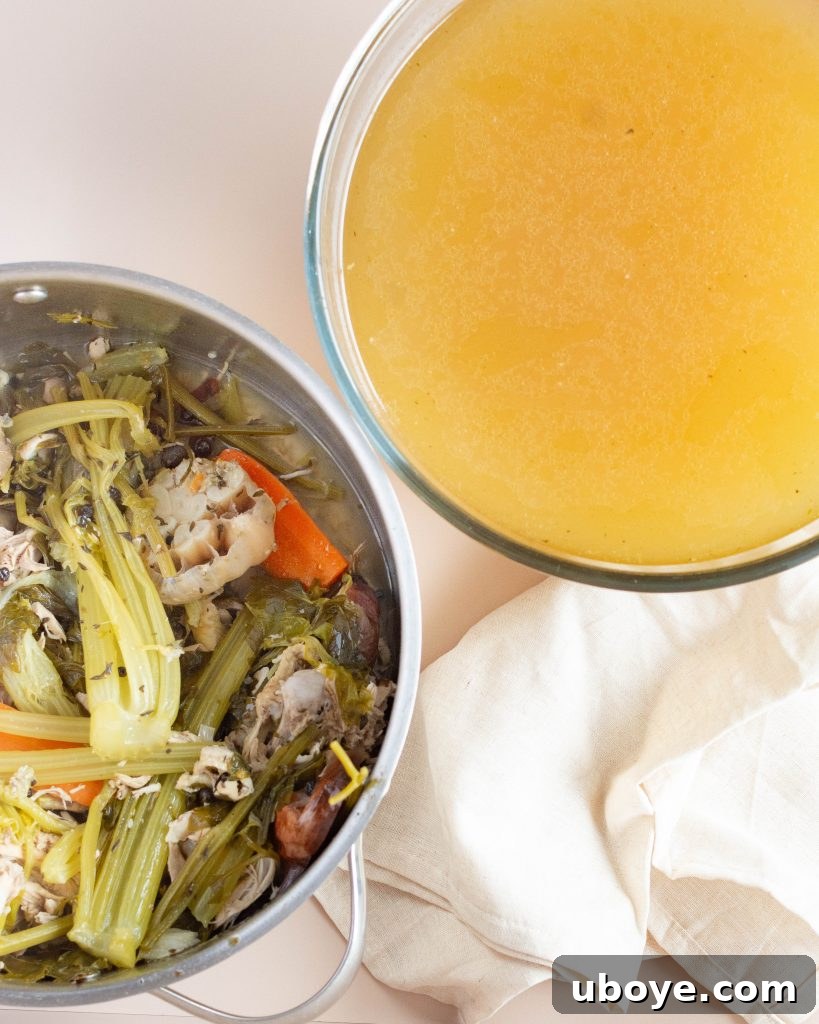Liquid Gold 4 Ingredients laid out for making chicken stock, including a roasted chicken carcass, vegetables, and herbs