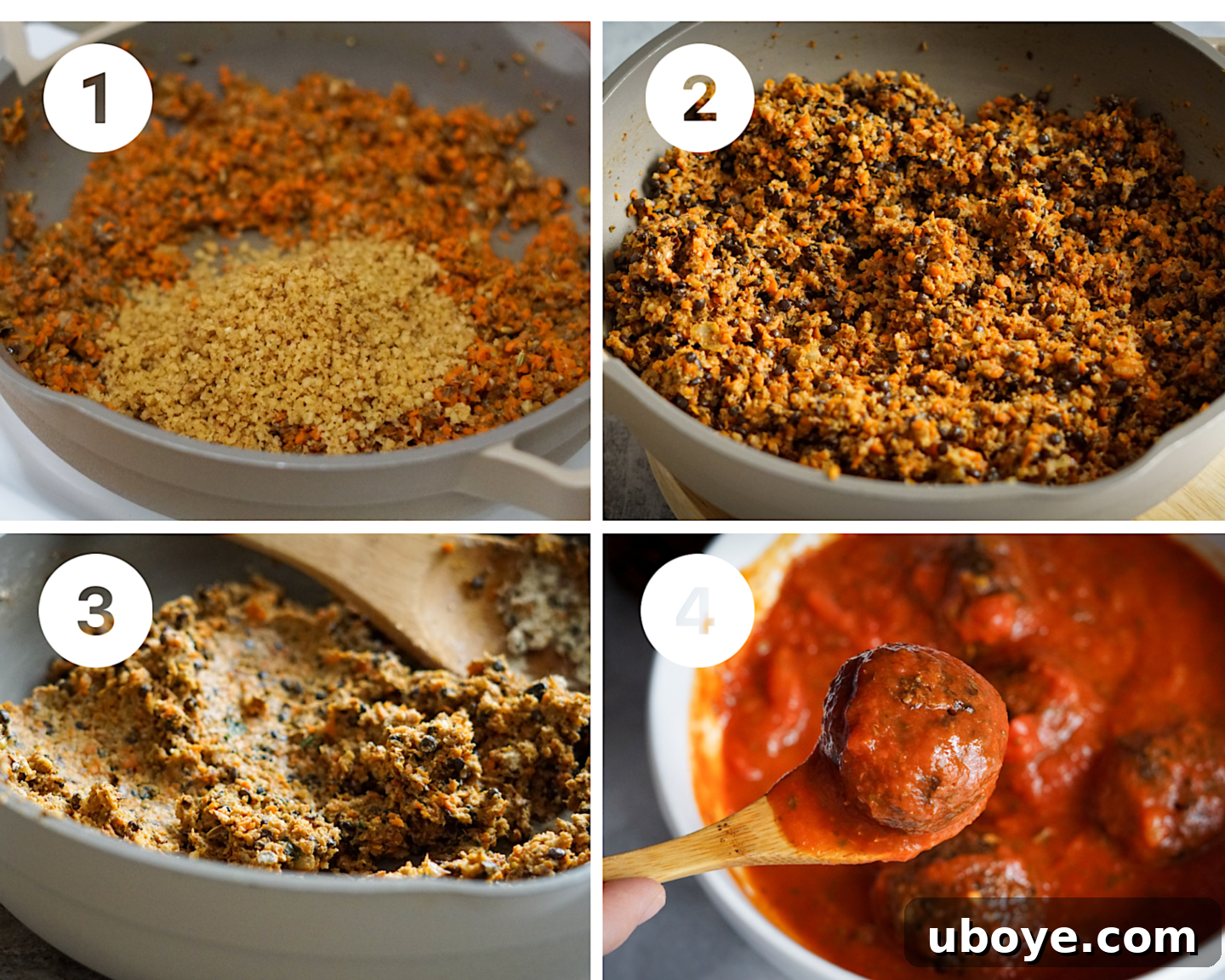 Game-Changing Lentil Meatball Heroes 5 Lentil meatballs cooking in a frying pan with herbs and vegetables.