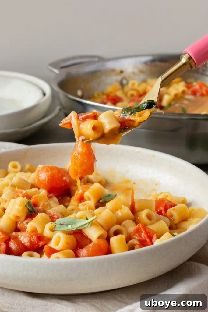 Close-up of fresh cherry tomatoes and garlic sizzling in a pan, ready for the one-pot tomato pasta.