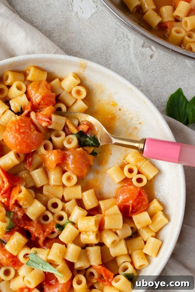 A close-up shot of the One Pot Tomato Pasta cooking, with liquid being absorbed by the pasta.