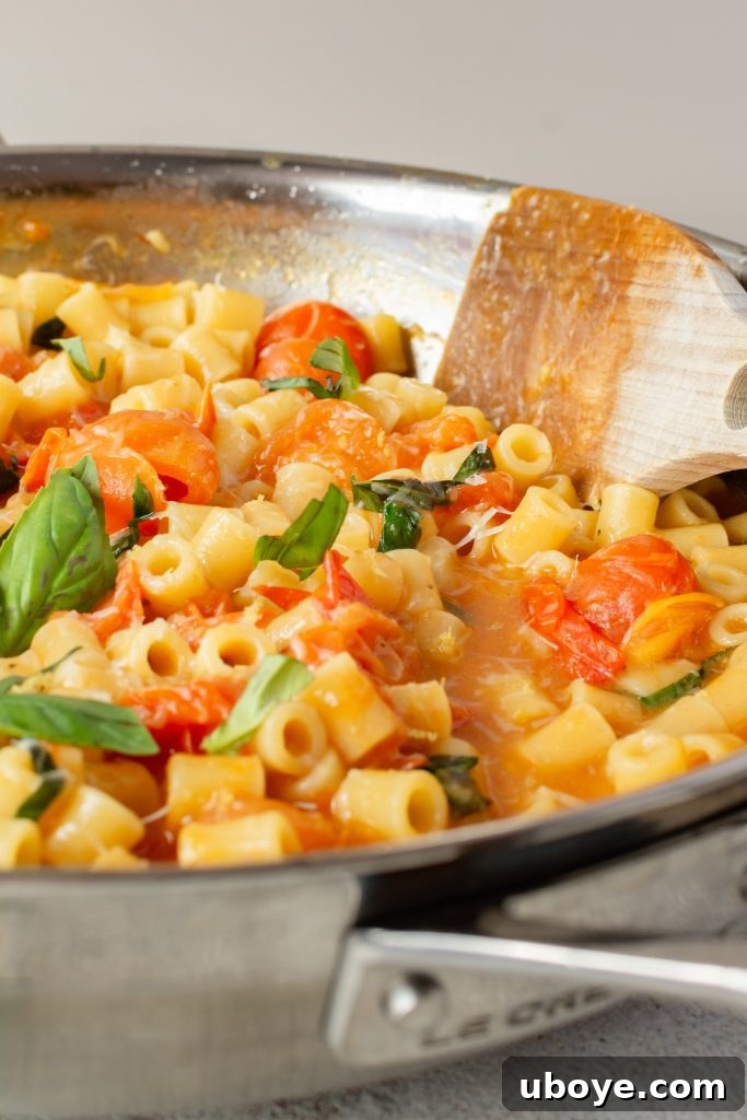 Another angle of the cooked One Pot Tomato Pasta in a pan, showing its rich red color.