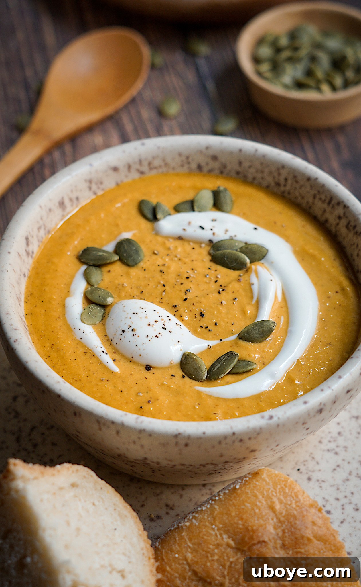 Smooth Vegan Pumpkin Harvest Soup 2 A bowl of creamy vegan pumpkin soup garnished with coconut yogurt, sriracha, and pumpkin seeds, set against an autumnal backdrop.