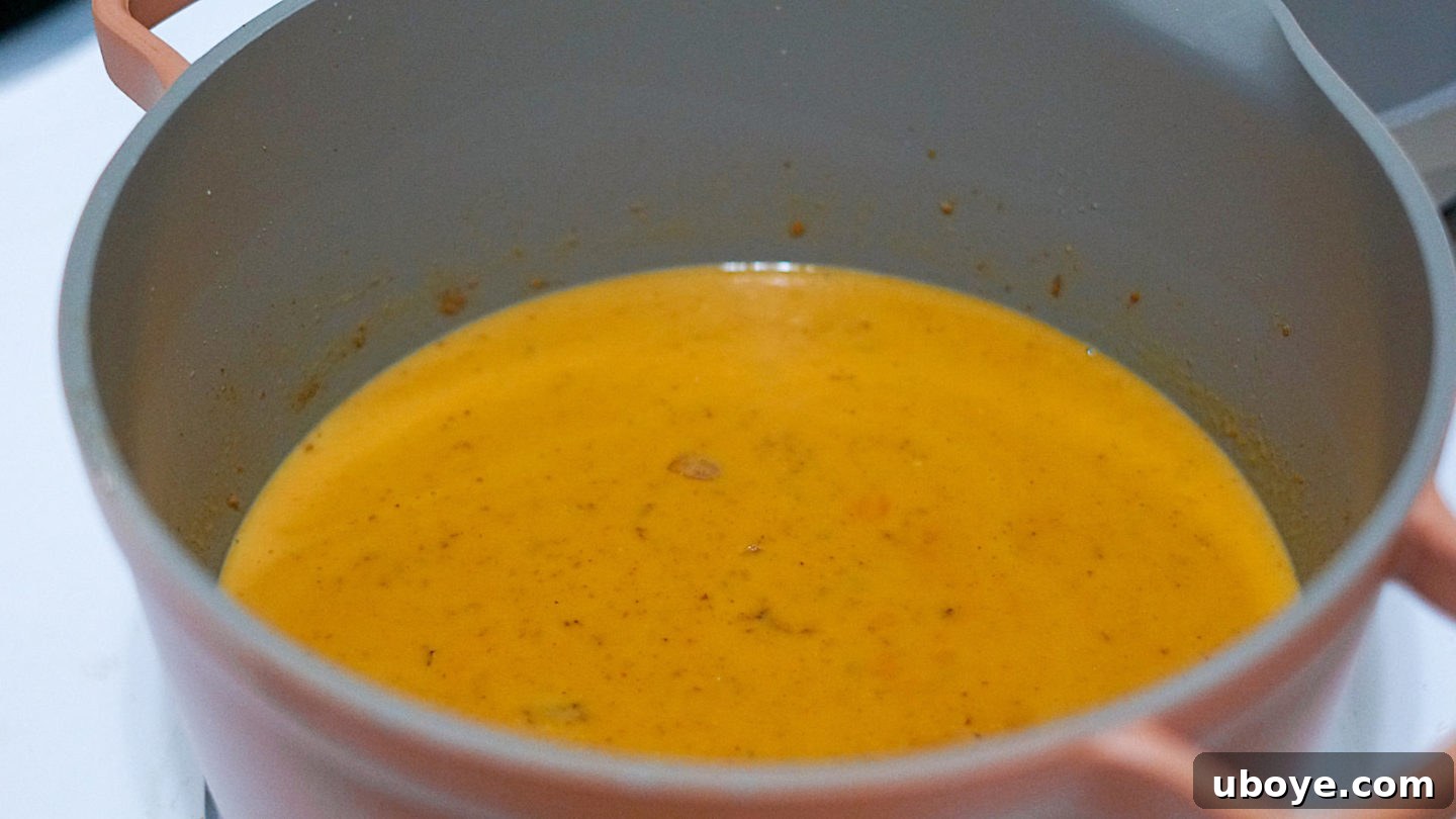 Smooth Vegan Pumpkin Harvest Soup 4 All soup ingredients including pumpkin puree, coconut milk, and almond butter combined in a pot before blending.