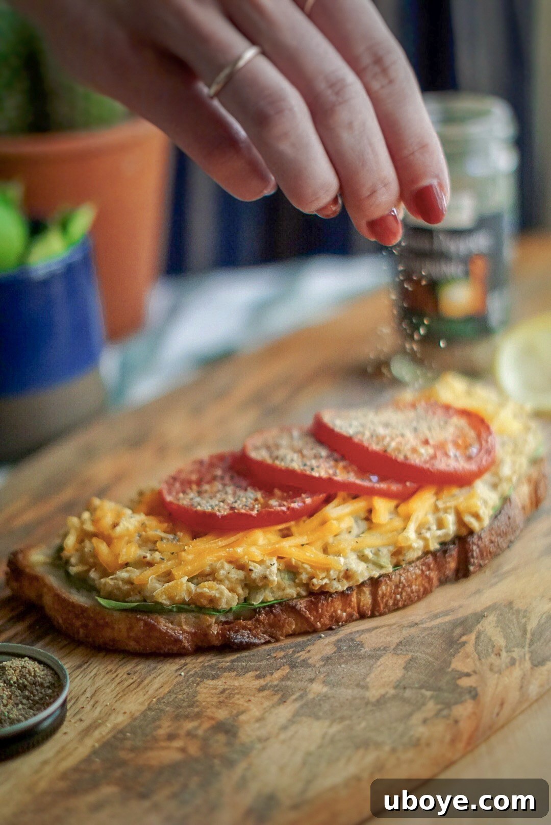 Close-up of a freshly made vegan chickpea tuna melt sandwich.