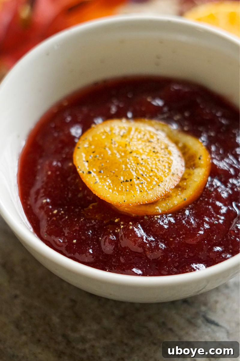 Close-up shot of the enhanced cranberry sauce in a decorative bowl, showing its rich texture and color.