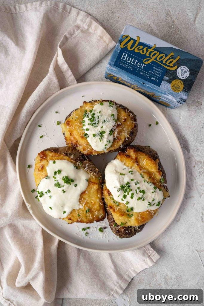 Garlic butter jacket potatoes with sour cream and chives