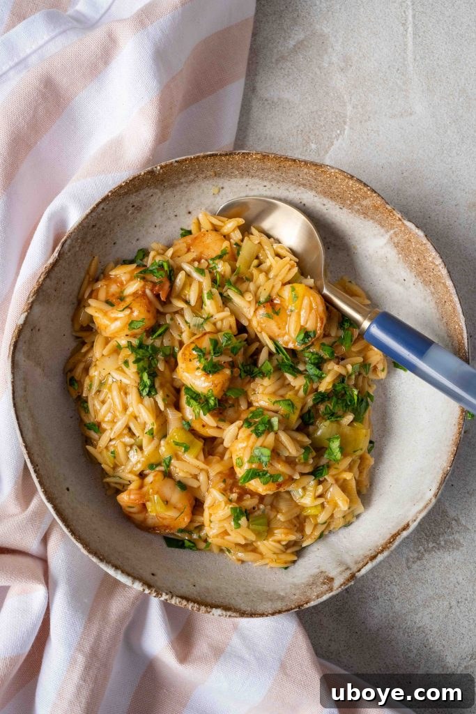 Orzo cooking in a pan with leeks and garlic