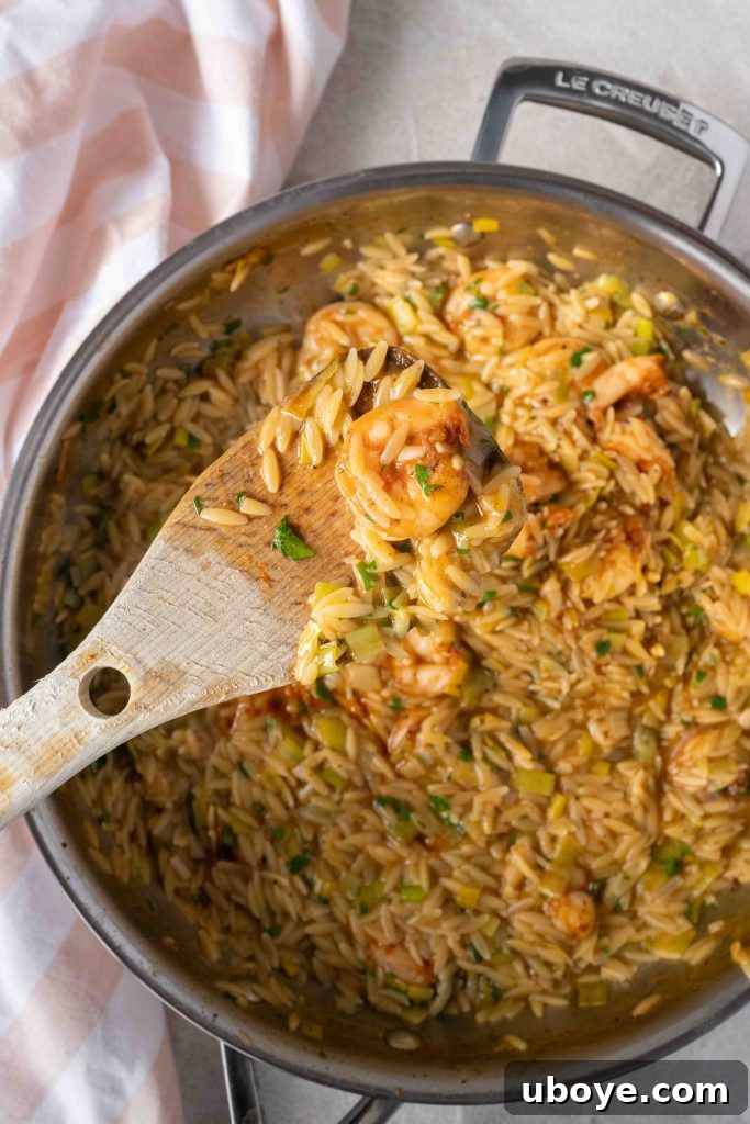 Ingredients for lemony shrimp orzo: leek, garlic, and paprika