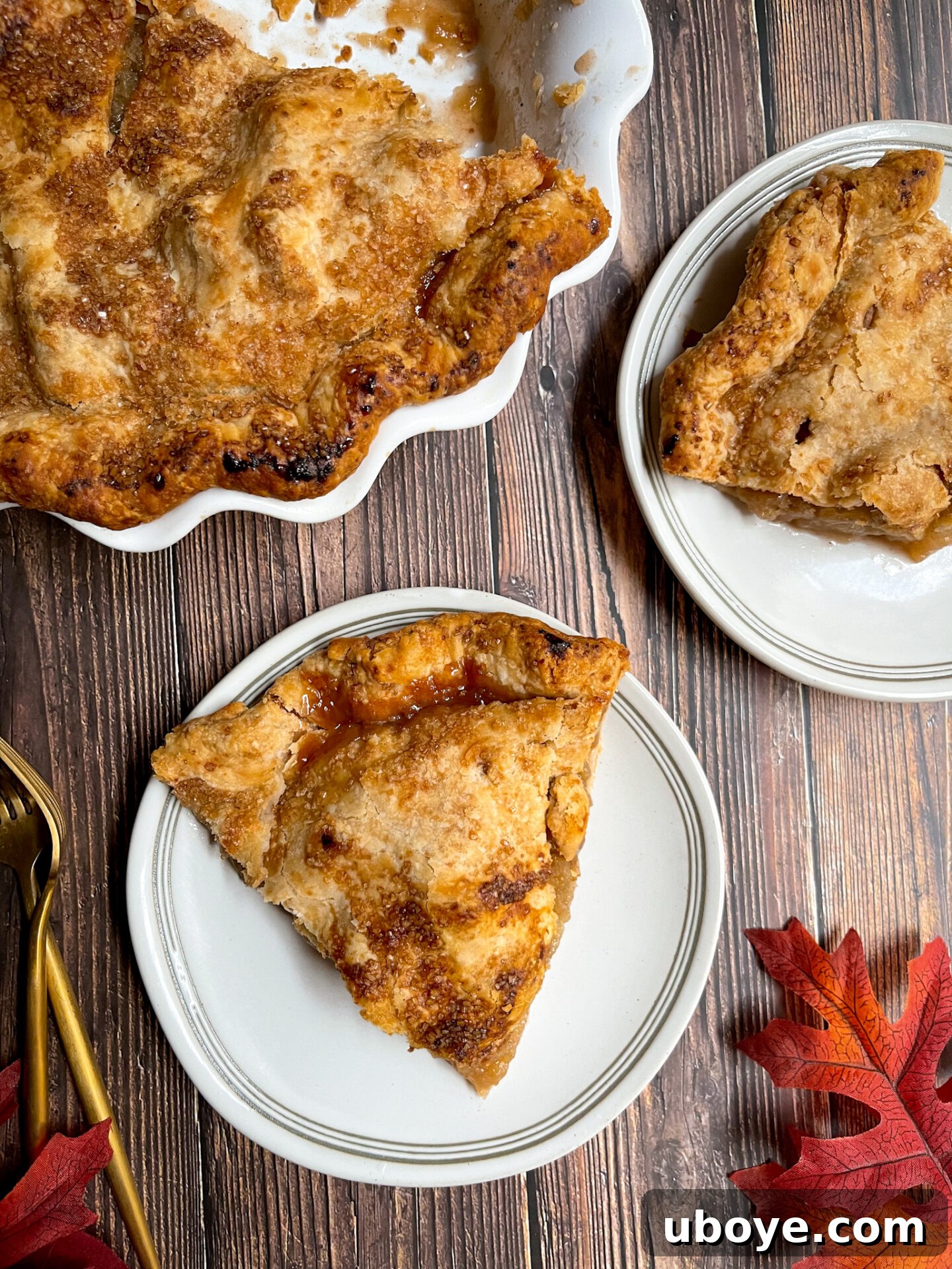 Timeless Vegan Apple Pie 4 sliced vegan apple pie on white plates with a scoop of vegan ice cream