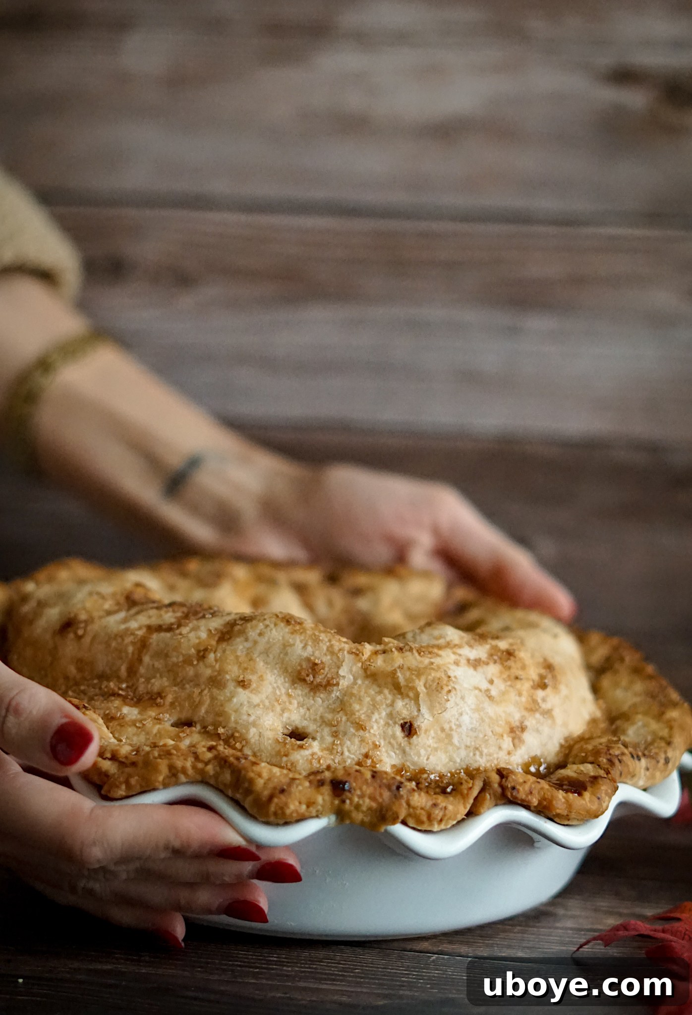 Timeless Vegan Apple Pie 10 close-up of vegan apple pie with golden crust