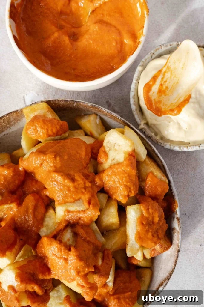 Spicy Bravas Potatoes 2 Patatas Bravas - Crispy fried potatoes with rich bravas sauce and garlic aioli