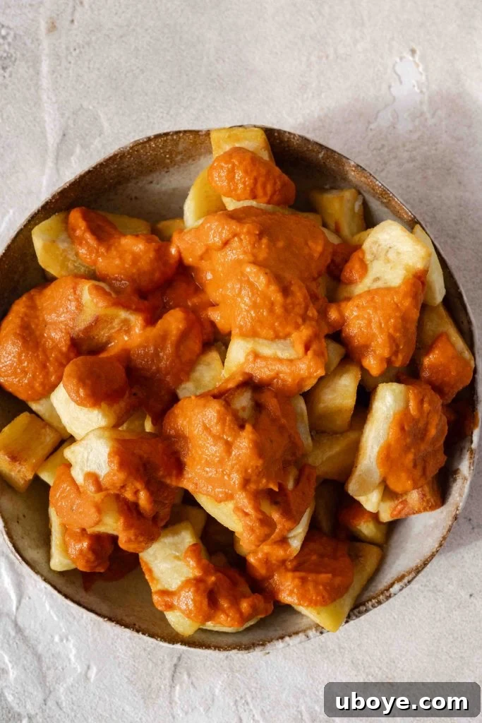 Spicy Bravas Potatoes 3 Classic Spanish Patatas Bravas with a rich, smoky sauce, perfectly plated