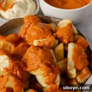 Delicious Patatas Bravas dish ready to serve, garnished with sauce and aioli