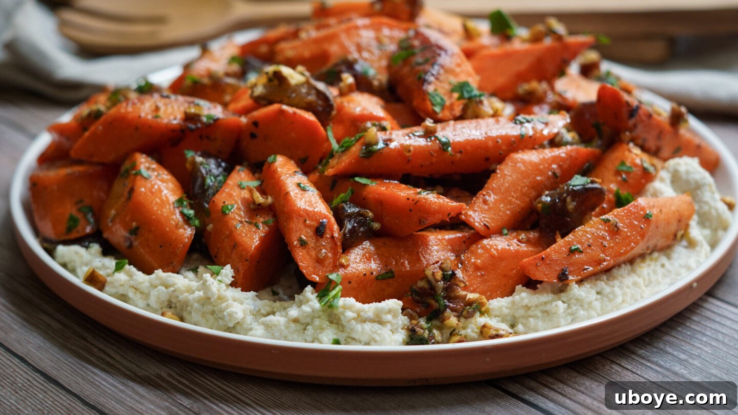 Roasted carrots, dates, pecans, and parsley tossed with maple dressing on a baking sheet.