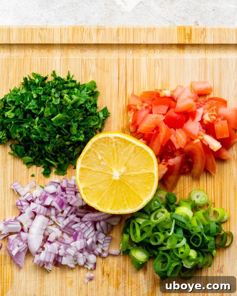 Four distinct images showcasing the fresh ingredients and preparation steps of Tabouli salad.