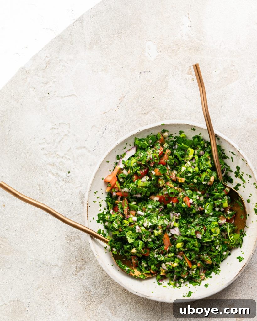 Close-up of finely chopped parsley, a key ingredient for Tabouli.