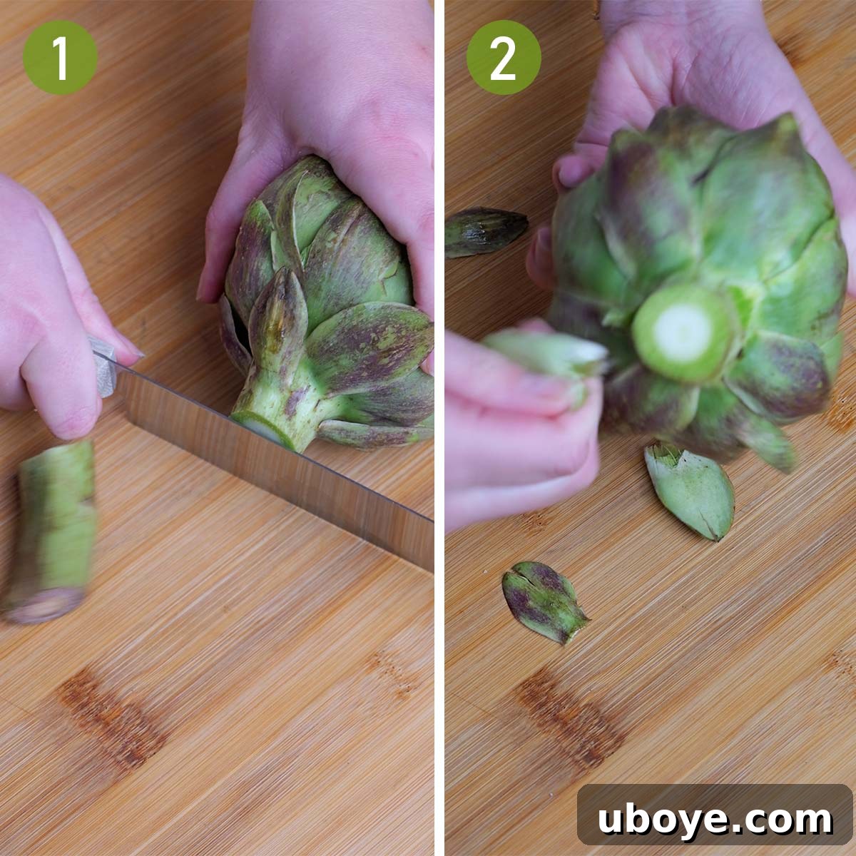 Hands trimming the stem of a fresh artichoke and removing tough outer leaves.