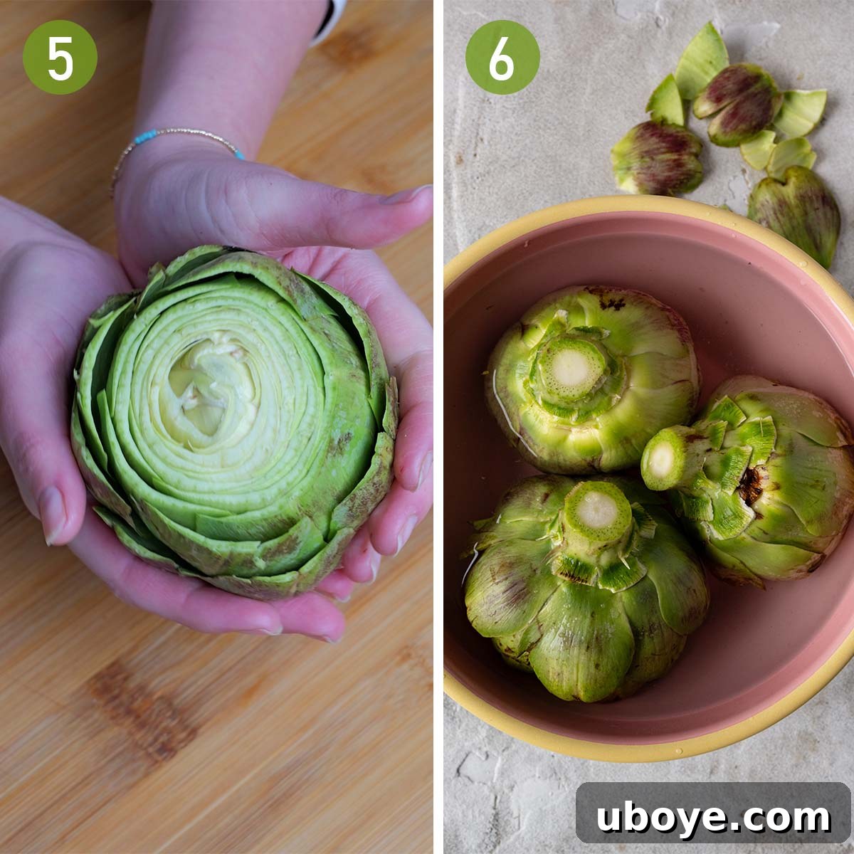 A freshly trimmed artichoke being rubbed with half a lemon and then soaking in a bowl of cold water.