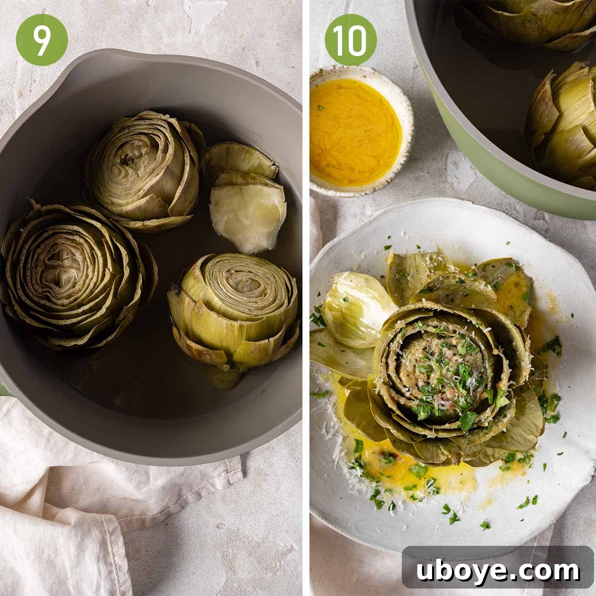 Steamed artichokes arranged in a pot, ready to be served, alongside a bowl of melted garlic butter and garnishes.