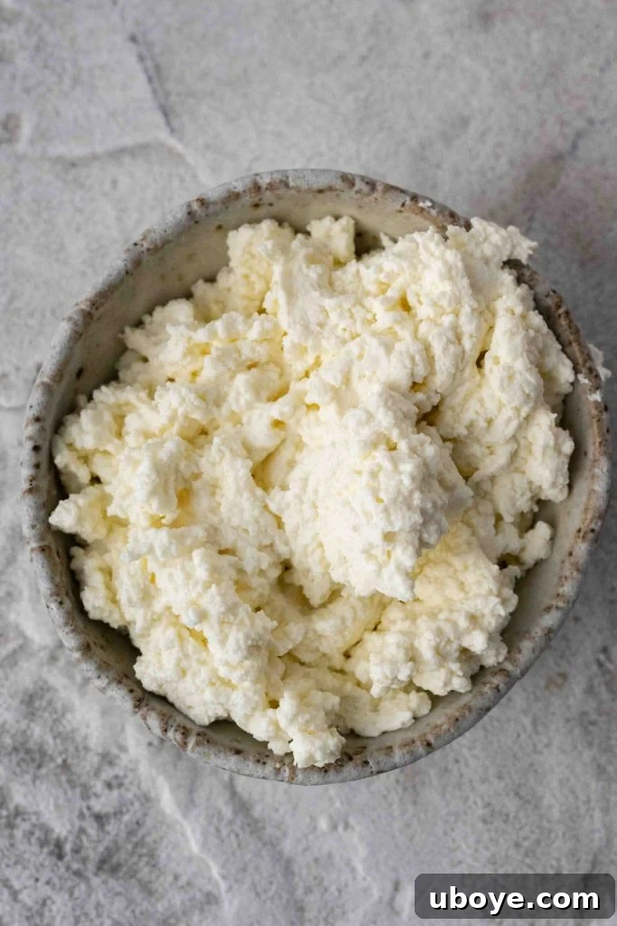 A closer look at the luscious, fluffy texture of homemade ricotta cheese, highlighting its freshness and artisanal quality.