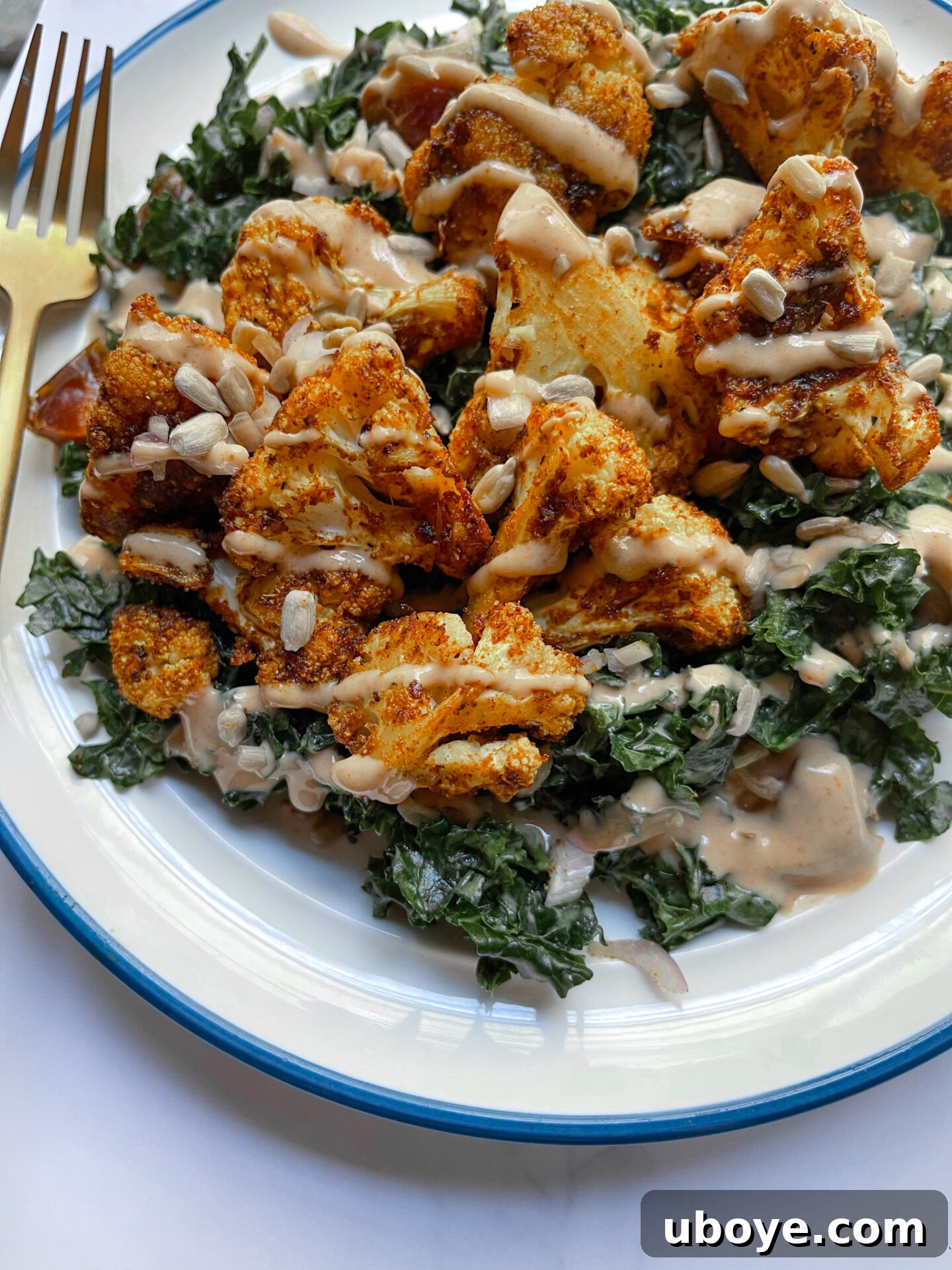 Close up shot of Shawarma Spiced Cauliflower and Kale Salad