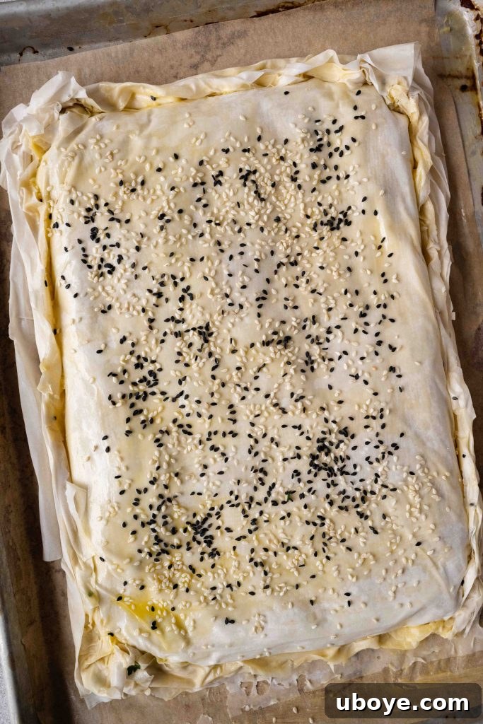 Close-up of unbaked Spanakopita with sesame seeds on top