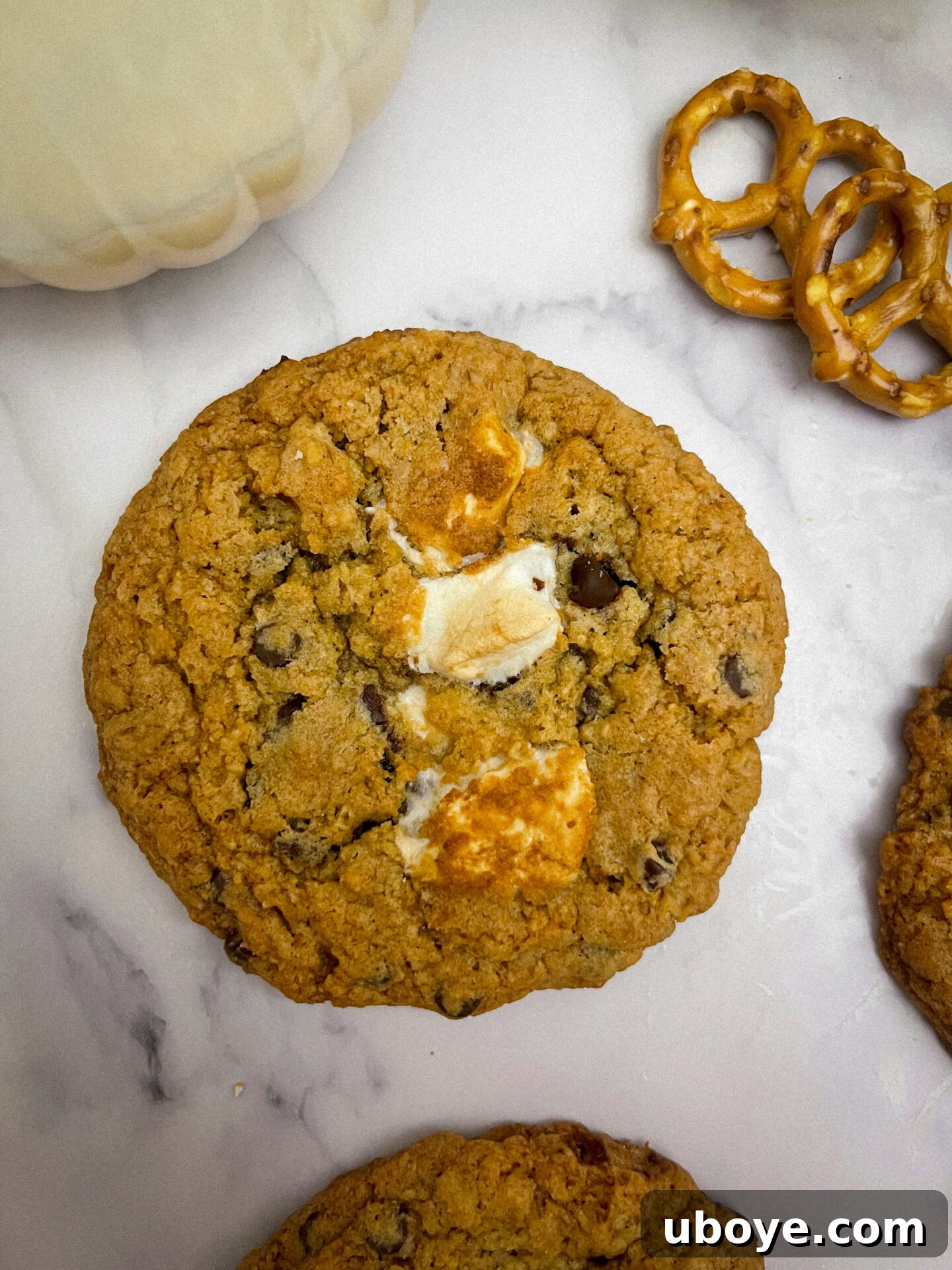 Freshly mixed cookie dough with visible chocolate chips, marshmallows, and pretzels, ready for baking.