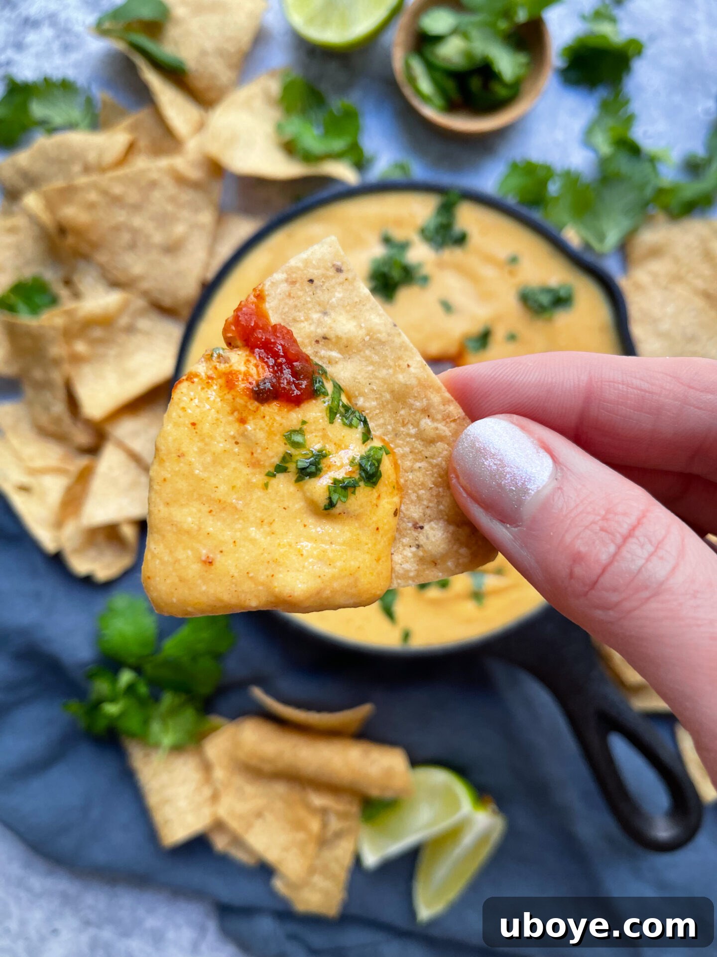 Velvety Plant-Based Queso 2 A bowl of golden plant-based queso dip, garnished with fresh cilantro, ready for dipping.