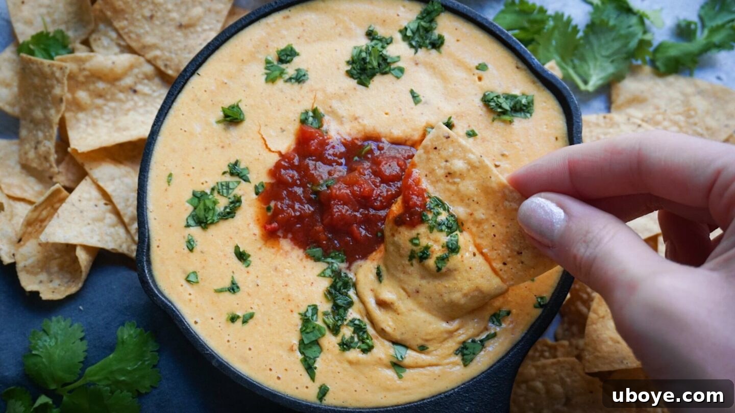 Velvety Plant-Based Queso 8 The plant-based queso dip simmering gently in a saucepan on the stove, achieving its thick, creamy consistency.