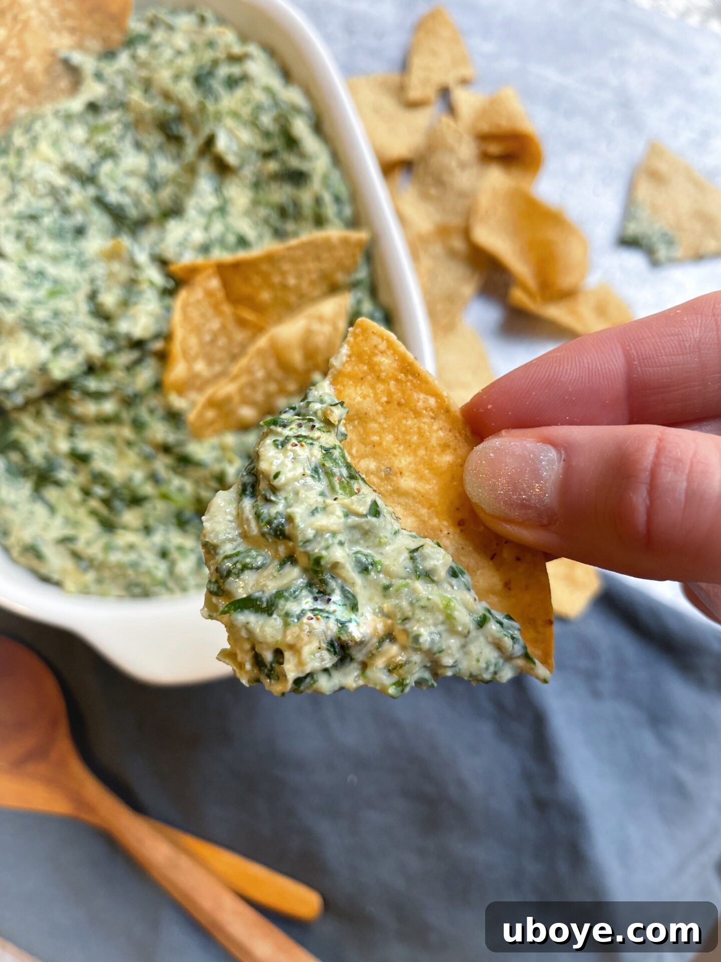 A bowl of ingredients for vegan spinach artichoke dip, including raw cashews, nutritional yeast, and spices.