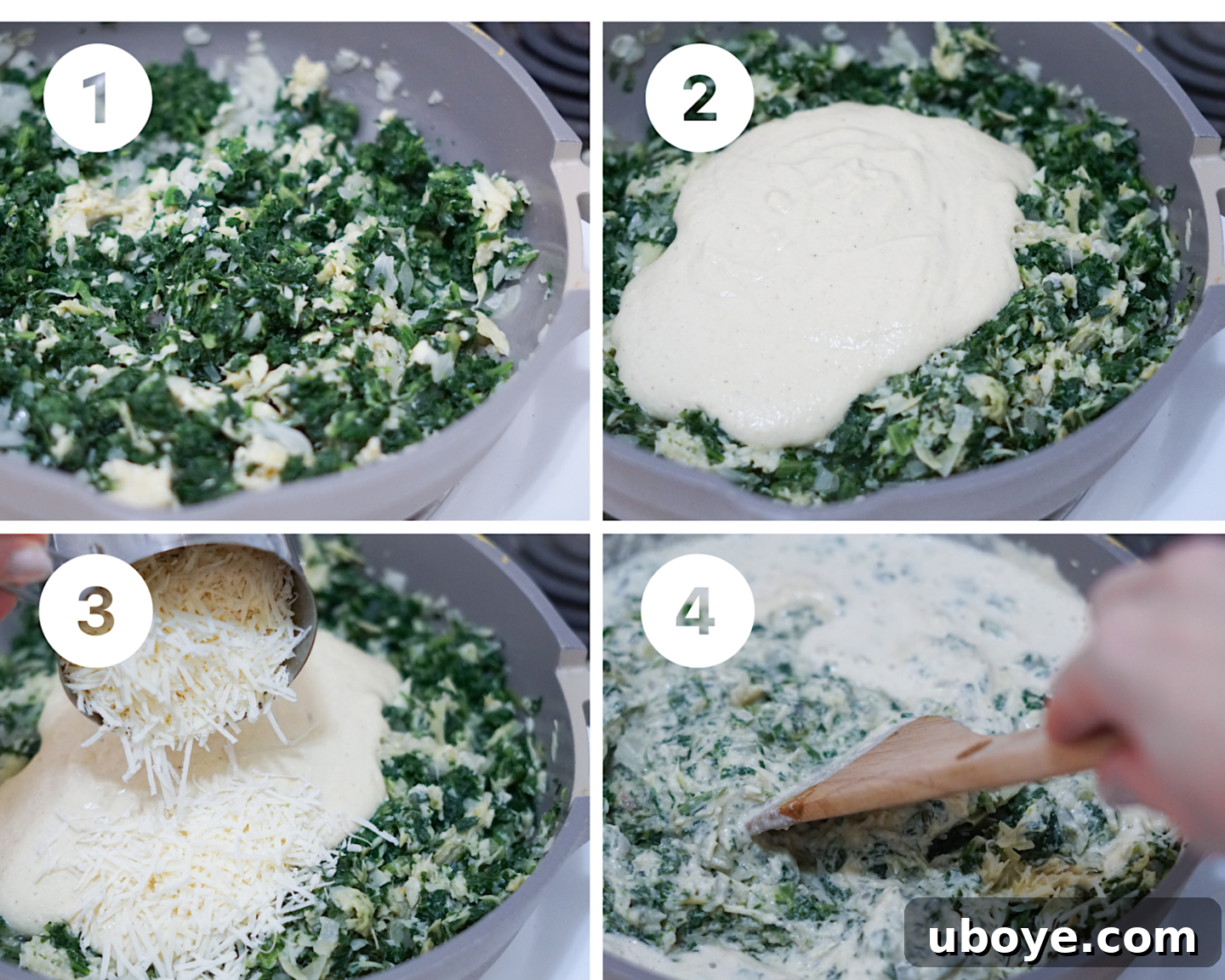 Close-up of the finished creamy vegan spinach artichoke dip being stirred in a pan.