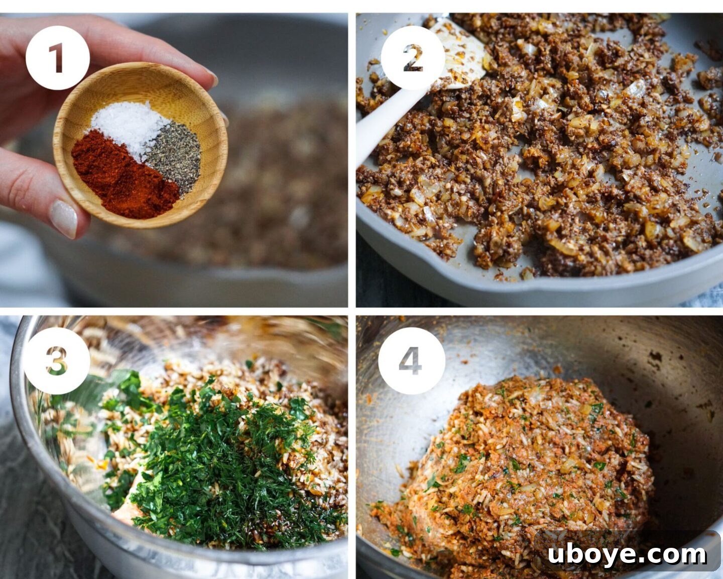 Hearty Plant-Based Cabbage Rolls 7 Ingredients for the vegan cabbage roll filling, including vegan ground meat, rice, and herbs.