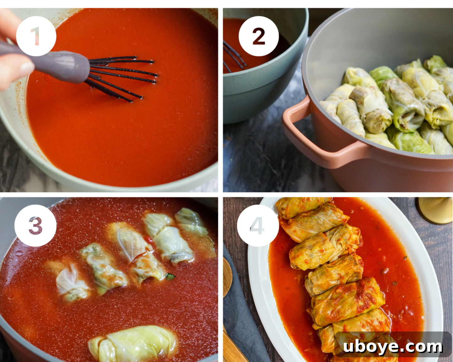 Hearty Plant-Based Cabbage Rolls 9 Close-up of a pot full of vegan cabbage rolls simmering in a rich, red tomato sauce.