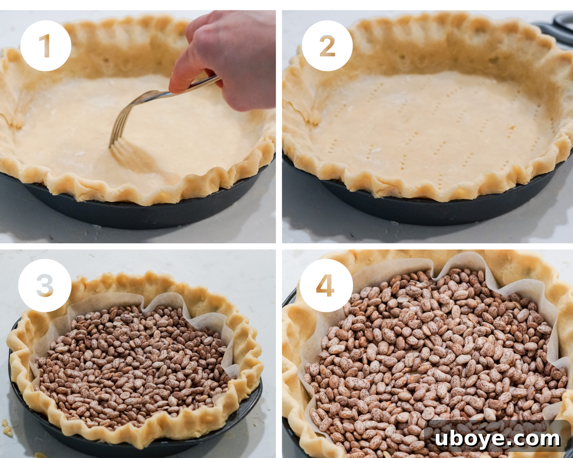 Pie crust being blind baked with pie weights and parchment paper