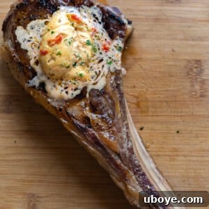 Reverse seared ribeye with garlic and burnt pepper butter, ready to serve