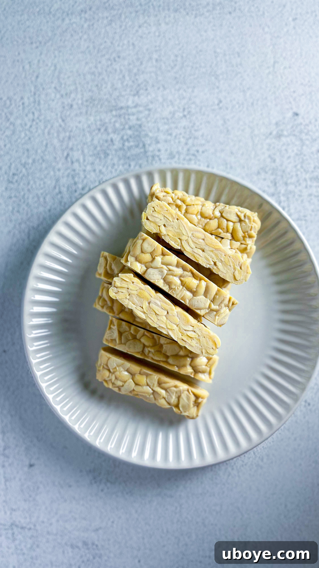 Sliced tempeh arranged on a white plate, highlighting its firm, porous texture, prepared for the crucial steaming step before marination.