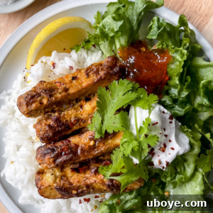 Tandoori Tempeh dish, showing a close-up of the finished crispy tempeh with garnish.