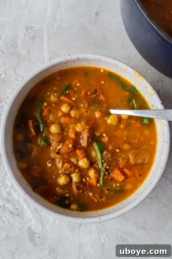 Spiced Pumpkin, Chorizo & Chickpea Harvest Soup 2 Delicious Spanish Chickpea, Pumpkin, and Chorizo Soup in a rustic bowl, garnished with fresh herbs