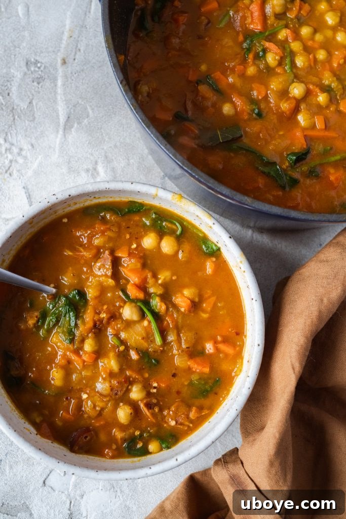 Spiced Pumpkin, Chorizo & Chickpea Harvest Soup 8 A serving of Spanish Chickpea, Pumpkin, and Chorizo Soup in a white bowl, garnished with herbs