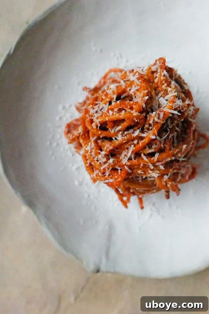 A close-up of Pasta all'Assassina, highlighting its rich color and texture